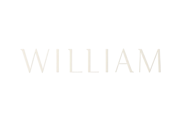 Minimalist beige serif lettering spelling 'WILLIAM' on a clean white background.